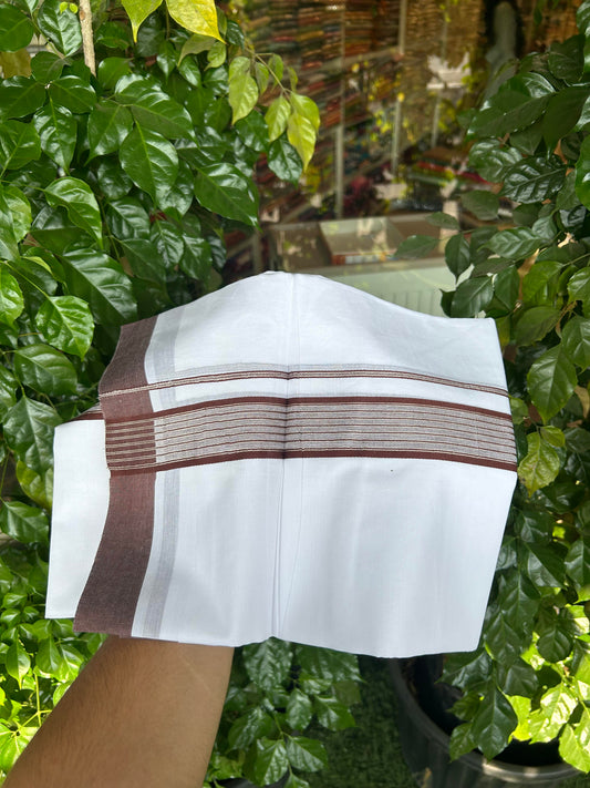 20% Discount ! KaithariKada Balaramapuram 100% Cotton Double Pure White Mundu/Dhoti - 100X80 - 1.25 inch Silver Kasav & Chocolate Brown Shaded Stripes kara 4.00 mtr (8.5 muzham) - 17 KK5361 PMC