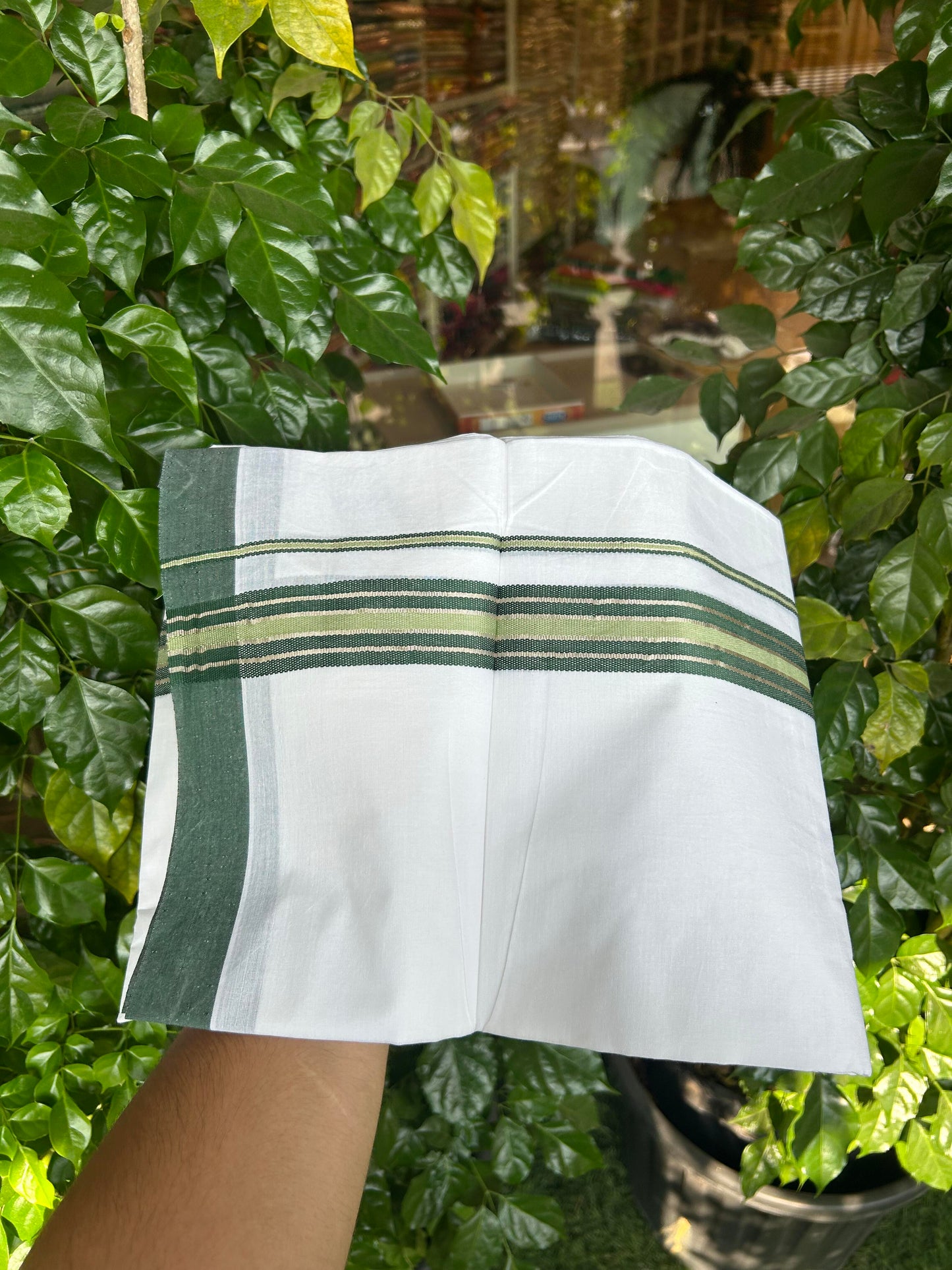 20% Discount ! KaithariKada Balaramapuram 100% Cotton Double Pure White Mundu/Dhoti - 100X80 - 2.25 inch Silver Kasav Green & Pista Green Stripes kara 3.90 mtr (8 muzham) - 12 KK5361 PMC