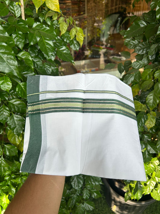 20% Discount ! KaithariKada Balaramapuram 100% Cotton Double Pure White Mundu/Dhoti - 100X80 - 2.25 inch Silver Kasav Green & Pista Green Stripes kara 3.90 mtr (8 muzham) - 12 KK5361 PMC