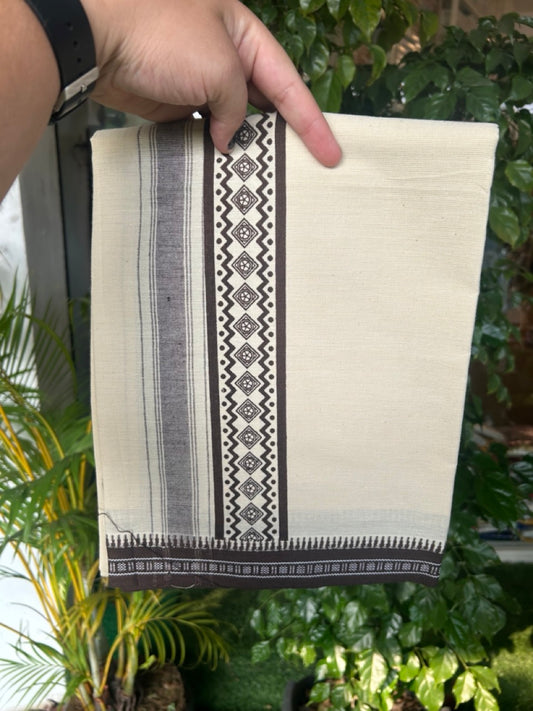 12% Discount !! Kaitharikada Pure Cotton Single OFF WHITE - (Unbleached) Kaily / Lungi - 3.25 inch Dark Brown Striped Printed kara Kuppadam Border with OFF WHITE colour body (2 meter / 4 muzham)- 26KK8019AS