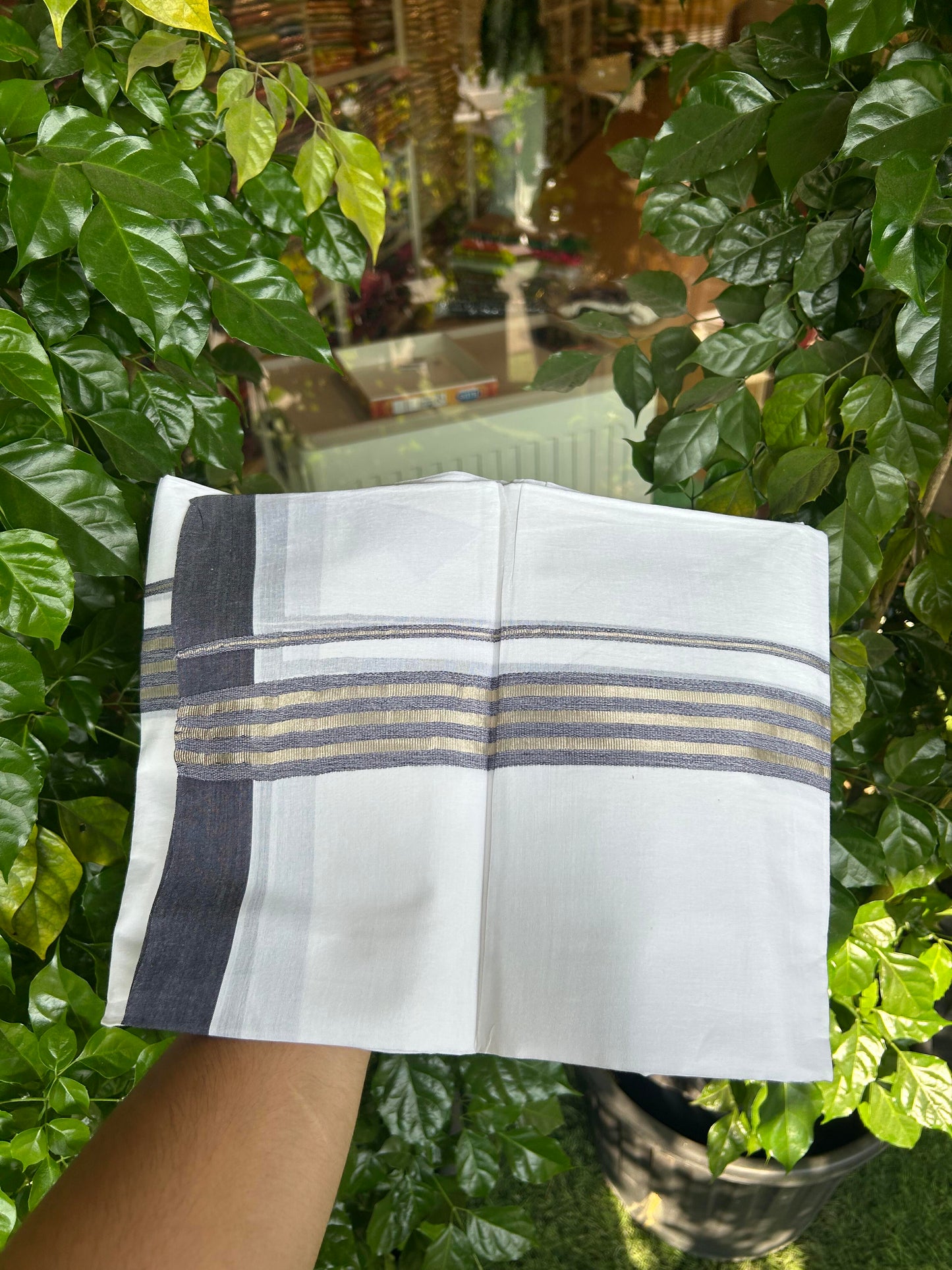20% Discount ! KaithariKada Balaramapuram 100% Cotton Double Pure White Mundu/Dhoti - 100X80 - 1.5 inch Silver Kasav &Navy Blue Shaded Stripes kara 3.90 mtr (8 muzham) - 16 KK5361 PMC