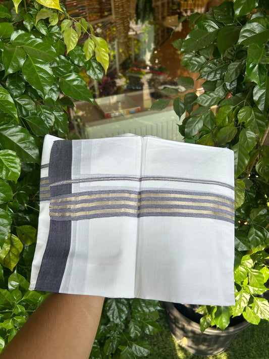 20% Discount ! KaithariKada Balaramapuram 100% Cotton Double Pure White Mundu/Dhoti - 100X80 - 1.5 inch Silver Kasav &Navy Blue Shaded Stripes kara 3.90 mtr (8 muzham) - 16 KK5361 PMC