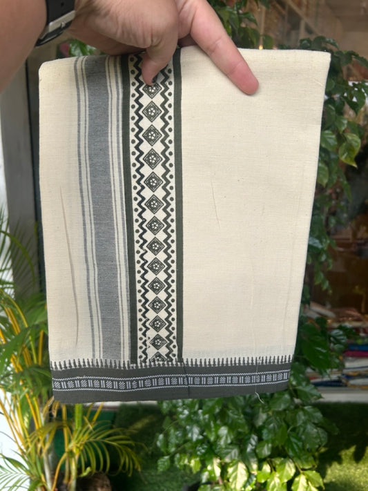 12% Discount !! Kaitharikada Pure Cotton Single OFF WHITE - (Unbleached) Kaily / Lungi - 3.25 inch Sage Green Striped Printed kara Kuppadam Border with OFF WHITE colour body (2 meter / 4 muzham)- 25KK8019AS