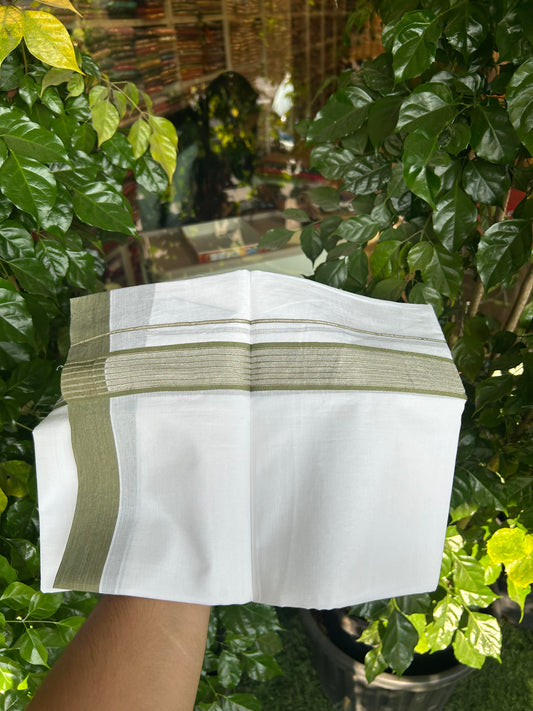 20% Discount ! KaithariKada Balaramapuram 100% Cotton Double Pure White Mundu/Dhoti - 100X80 - 1.25 inch Silver Kasav & Pista Green Shaded Stripes kara 4.00 mtr (8.5 muzham) - 18 KK5361 PMC