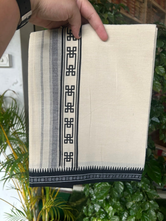 12% Discount !! Kaitharikada Pure Cotton Single OFF WHITE - (Unbleached) Kaily / Lungi - 2.25 inch Black Striped Printed kara Kuppadam Border with OFF WHITE colour body (2 meter / 4 muzham)- 20KK8019AS
