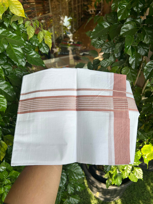 20% Discount ! KaithariKada Balaramapuram 100% Cotton Double Pure White Mundu/Dhoti - 100X80 - 1.25 inch Silver Kasav & Pastel Peach Shaded Stripes kara 4.00 mtr (8.5 muzham) - 45 KK5361 PMC