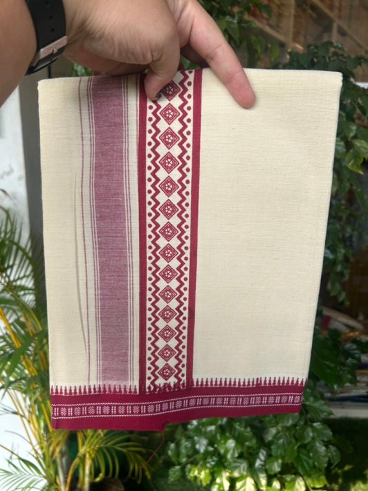 12% Discount !! Kaitharikada Pure Cotton Single OFF WHITE - (Unbleached) Kaily / Lungi - 3.5 inch Magenta Striped Printed kara Kuppadam Border with OFF WHITE colour body (2 meter / 4 muzham)- 17KK8019AS
