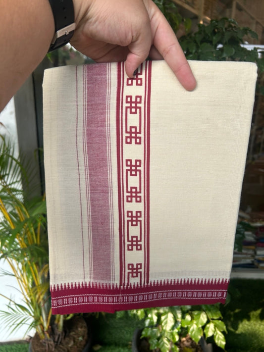 12% Discount !! Kaitharikada Pure Cotton Single OFF WHITE - (Unbleached) Kaily / Lungi - 3 inch Magenta Striped Printed kara Kuppadam Border with OFF WHITE colour body (2 meter / 4 muzham)- 21KK8019AS