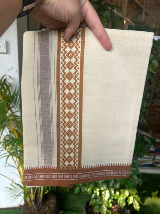 12% Discount !! Kaitharikada Pure Cotton Single OFF WHITE - (Unbleached) Kaily / Lungi - 3.25 inch Brown Striped Printed kara Kuppadam Border with OFF WHITE colour body (2 meter / 4 muzham)- 22KK8019AS