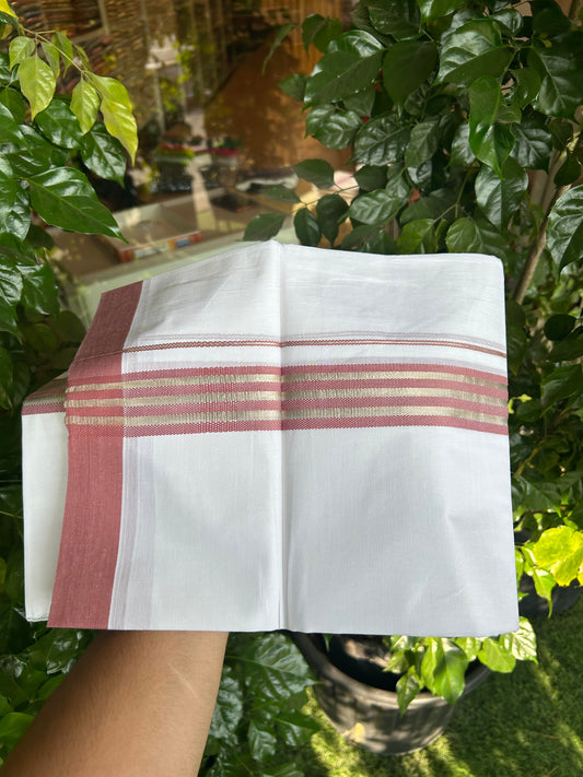 20% Discount ! KaithariKada Balaramapuram 100% Cotton Double Pure White Mundu/Dhoti - 100X80 - 1.5 inch Silver Kasav & Dusty Rose Stripes kara 3.90 mtr (8 muzham) - 15 KK5361 PMC