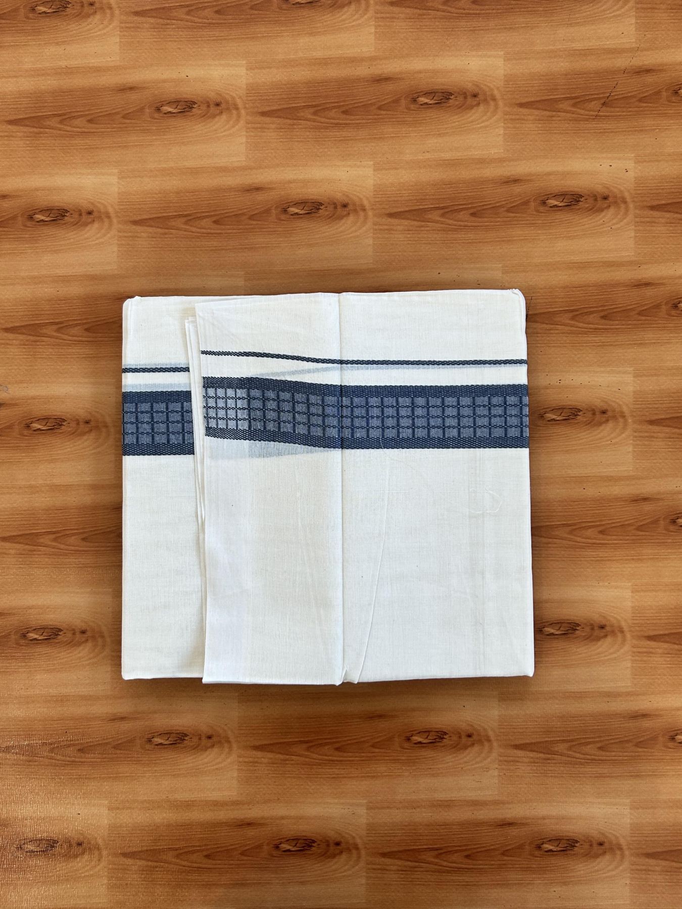 Double Off White (Unbleached) Mundu/Dhoti- 20% Discount! KaithariKada 100%  Cotton - 100X80 - 1.5 inch Dark Ash Blue Shaded Check Designer Kara - 4 mtr (8.5 Muzham) - 1 KK5451 THI