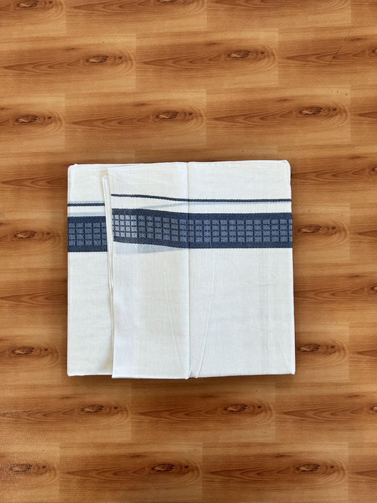 Double Off White (Unbleached) Mundu/Dhoti- 20% Discount! KaithariKada 100%  Cotton - 100X80 - 1.5 inch Dark Ash Blue Shaded Check Designer Kara - 4 mtr (8.5 Muzham) - 1 KK5451 THI