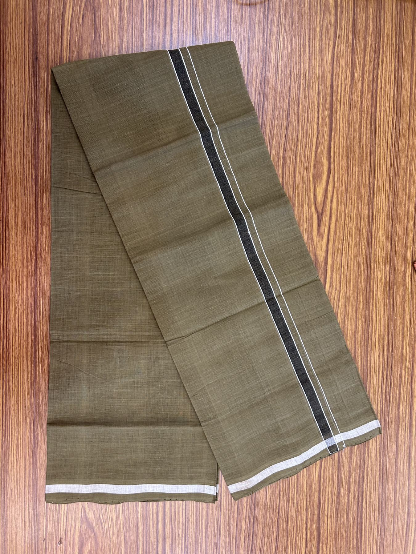Kerala Handloom Single Hallmarked - 10% Discount !! KaithariKada 100% Pure Cotton - Mundu/Dhoti Olive Green Body - 1.5 cm Black & White Kara - (2 meter / 4 muzham) - 50 KK8048 ELA