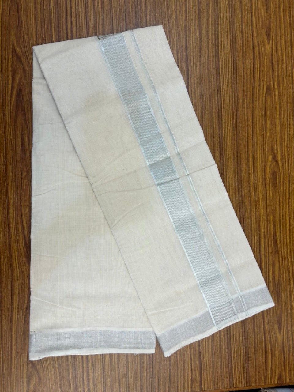 25% Discount!! KaithariKada Handloom Millpaav Balaramapuram - 100% Pure Cotton Off White Double - (Unbleached) Mundu/Dothi -80x90 - 2 Inch Silver Kasav Stripes kara 4mtr (8.5 muzham) - 14 KK5264 RAM