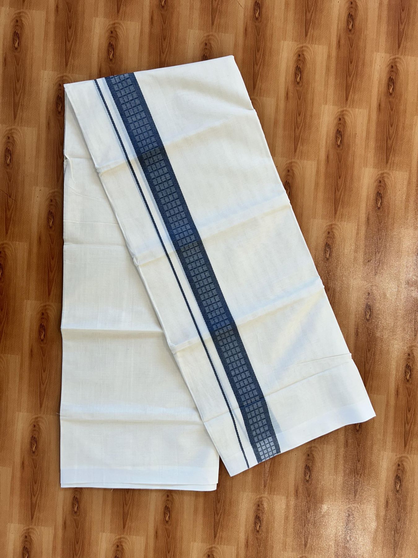 Double Off White (Unbleached) Mundu/Dhoti- 20% Discount! KaithariKada 100%  Cotton - 100X80 - 1.5 inch Dark Ash Blue Shaded Check Designer Kara - 4 mtr (8.5 Muzham) - 1 KK5451 THI