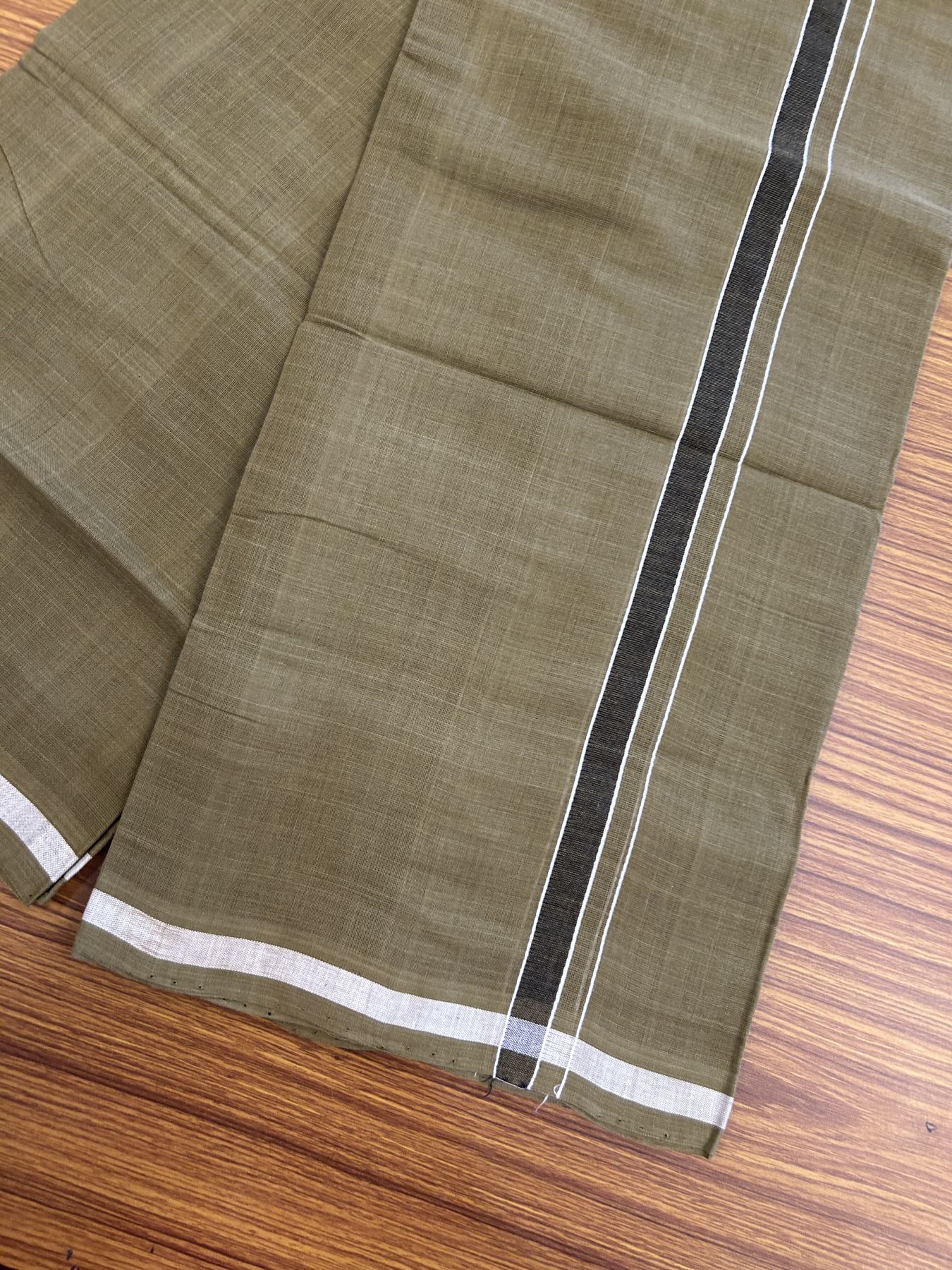 Kerala Handloom Single Hallmarked - 10% Discount !! KaithariKada 100% Pure Cotton - Mundu/Dhoti Olive Green Body - 1.5 cm Black & White Kara - (2 meter / 4 muzham) - 50 KK8048 ELA