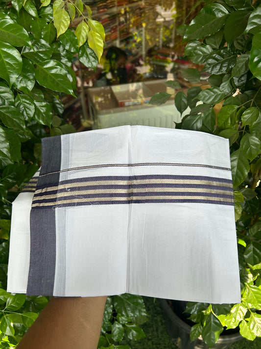 20% Discount ! KaithariKada Balaramapuram 100% Cotton Double Pure White Mundu/Dhoti - 100X80 - 1.5 inch Silver Kasav & Navy Blue Stripes kara 3.90 mtr (8 muzham) - 13 KK5361 PMC