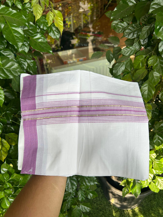 20% Discount ! KaithariKada Balaramapuram 100% Cotton Double Pure White Mundu/Dhoti - 100X80 - 2.25 inch Silver Kasav & Pearly Purple Stripes kara 3.90 mtr (8 muzham) - 4 KK5361 PMC