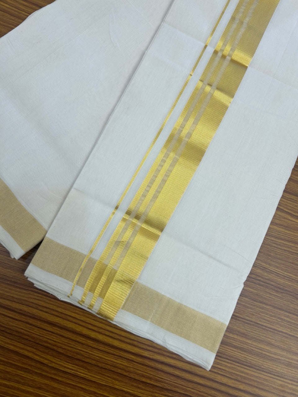 25% Discount!! KaithariKada Handloom Millpaav Balaramapuram - 100% Pure Cotton Off White Double - (Unbleached) Mundu/Dothi -80x90 - 2 Inch Gold Kasav Stripes kara 4mtr (8.5 muzham) - 15 KK5264 RAM