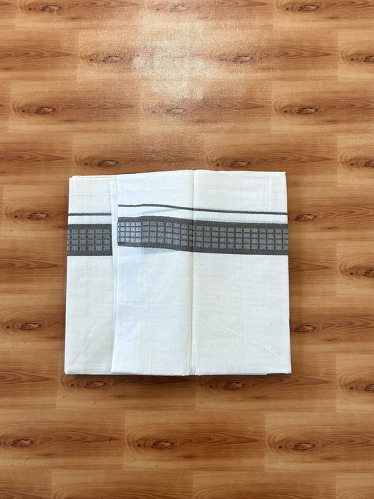 Double Off White (Unbleached) Mundu/Dhoti- 20% Discount! KaithariKada 100%  Cotton - 100X80 - 1.5 inch Brown Shaded Check Designer Kara - 4 mtr (8.5 Muzham) - 2 KK5451 THI