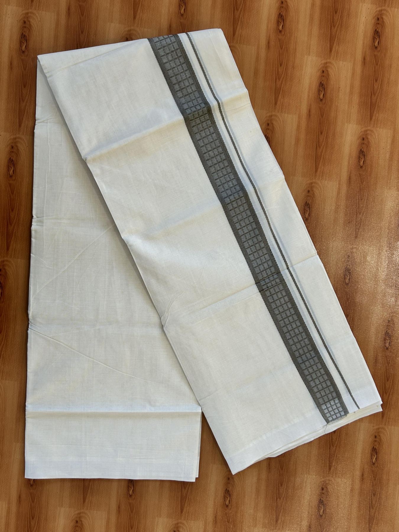 Double Off White (Unbleached) Mundu/Dhoti- 20% Discount! KaithariKada 100%  Cotton - 100X80 - 1.5 inch Brown Shaded Check Designer Kara - 4 mtr (8.5 Muzham) - 2 KK5451 THI