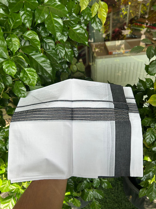 20% Discount ! KaithariKada Balaramapuram 100% Cotton Double Pure White Mundu/Dhoti - 100X80 - 1.25 inch Silver Kasav & Black Shaded Stripes kara 3.90 mtr (8 muzham) - 49 KK5361 PMC