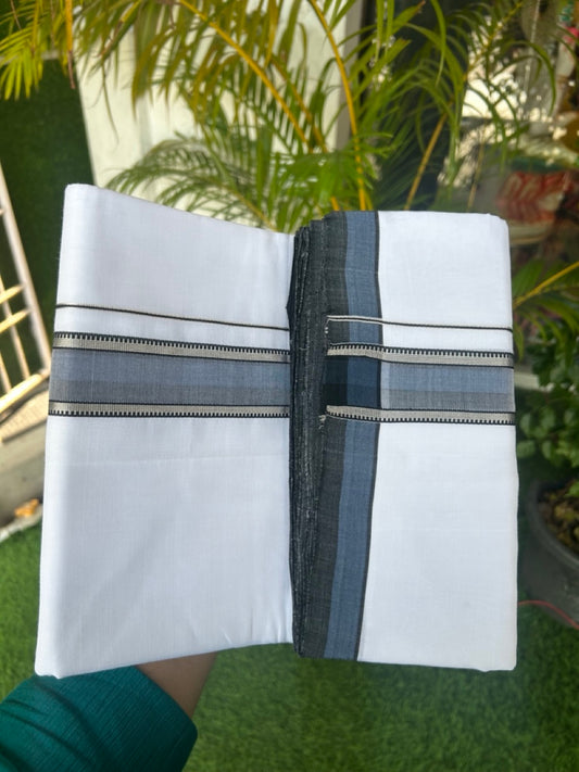 25% Discount! NEW PURE WHITE HANDLOOM Balaramapuram - 100% Mercerised Cotton Double Mundu/Dhoti - 120(Twisted) x 80 - 1.5 inch Silver Kasavu Blue & Black shaded Kara - 34KK5167REA