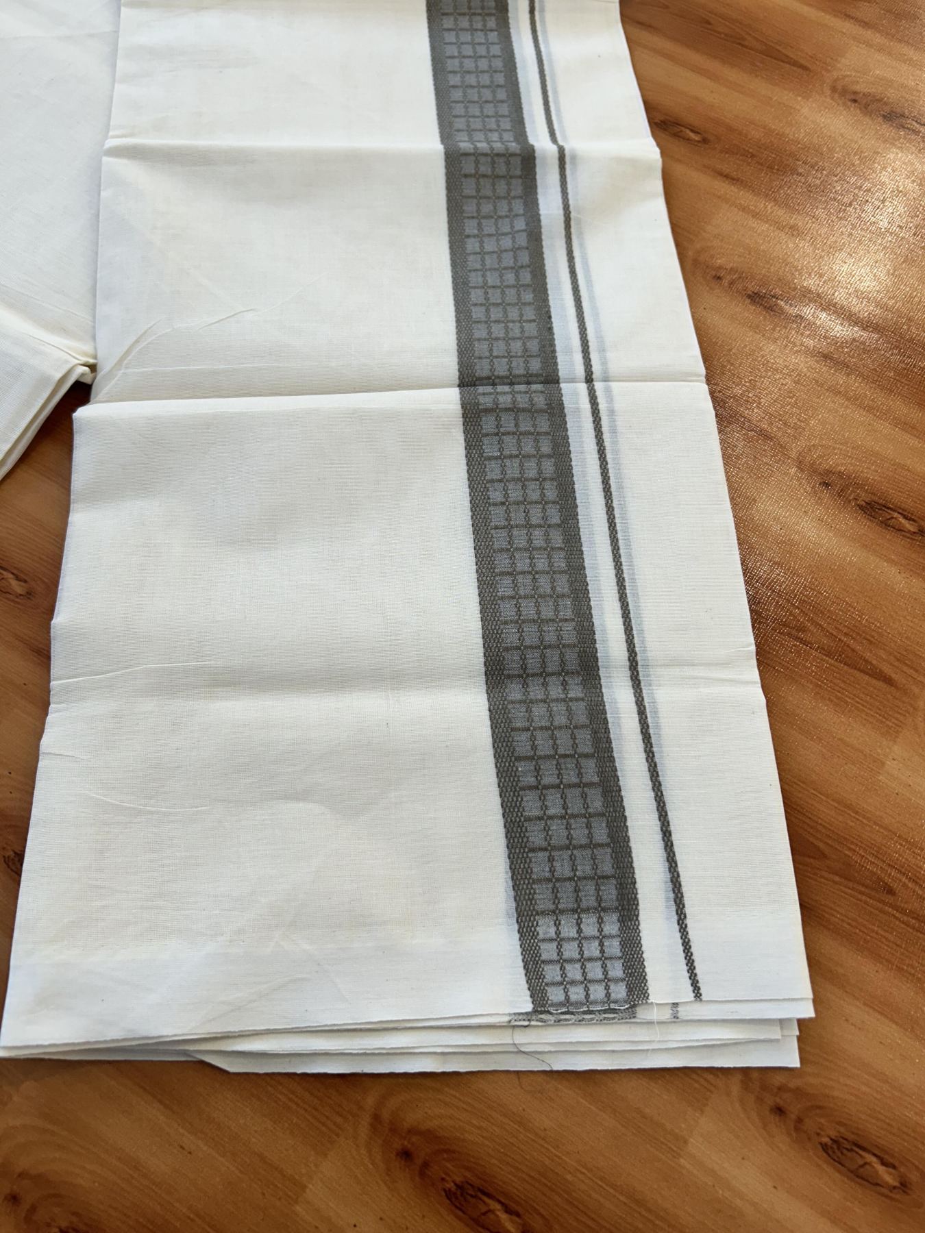 Double Off White (Unbleached) Mundu/Dhoti- 20% Discount! KaithariKada 100%  Cotton - 100X80 - 1.5 inch Brown Shaded Check Designer Kara - 4 mtr (8.5 Muzham) - 2 KK5451 THI