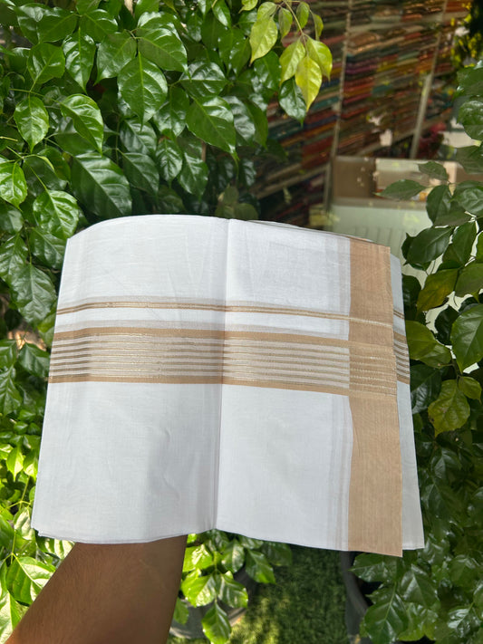 20% Discount ! KaithariKada Balaramapuram 100% Cotton Double Pure White Mundu/Dhoti - 100X80 - 1.25 inch Silver Kasav & Sand Brown Shaded Stripes kara 4.00 mtr (8.5 muzham) - 48 KK5361 PMC