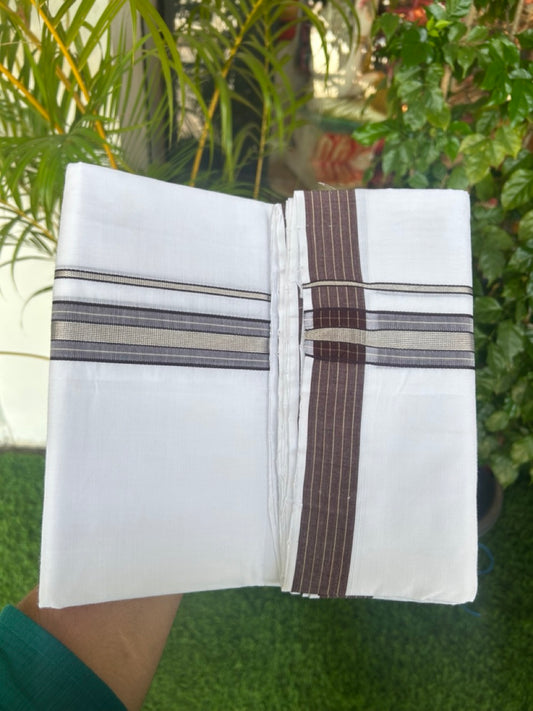 25% Discount! NEW PURE WHITE HANDLOOM Balaramapuram - 100% Mercerised Cotton Double Mundu/Dhoti - 120(Twisted) x 80 - 1.25 inch Silver Kasavu Chocolate Brown shaded Sand brown striped Kara - 36KK5167REA