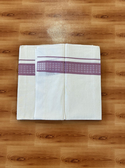 Double Off White (Unbleached) Mundu/Dhoti- 20% Discount! KaithariKada 100%  Cotton - 100X80 - 1.5 inch Turkish Rose Shaded Check Designer Kara - 4 mtr (8.5 Muzham) - 3 KK5451 THI