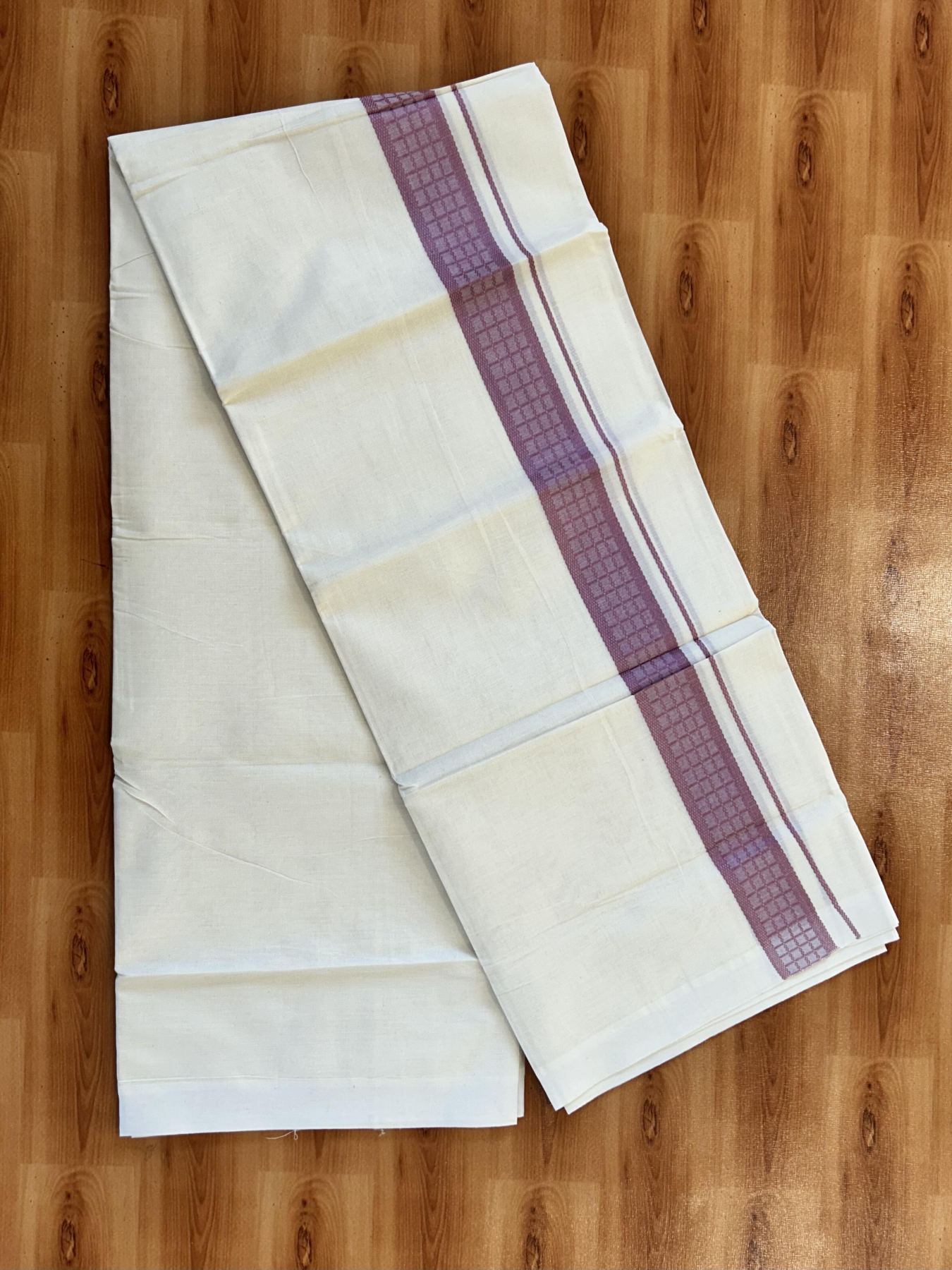 Double Off White (Unbleached) Mundu/Dhoti- 20% Discount! KaithariKada 100%  Cotton - 100X80 - 1.5 inch Turkish Rose Shaded Check Designer Kara - 4 mtr (8.5 Muzham) - 3 KK5451 THI