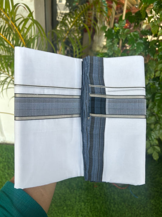 25% Discount! NEW PURE WHITE HANDLOOM Balaramapuram - 100% Mercerised Cotton Double Mundu/Dhoti - 120(Twisted) x 80 - 1.75 inch Silver Kasavu Blue & Black shaded stripes Kara - 37KK5167REA