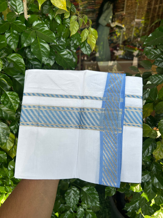 20% Discount ! KaithariKada Balaramapuram 100% Pure Cotton Single Pure White Mundu/Dhoti - 100x80 - 1.75 inch Silver Kasav & Blue Jacquard Design kara 1.90 mtr (4 Muzham) - 3 KK5365 CJT
