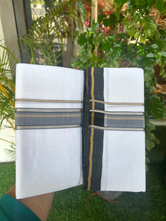 25% Discount! NEW PURE WHITE HANDLOOM Balaramapuram - 100% Mercerised Cotton Double Mundu/Dhoti - 120(Twisted) x 80 - 1.5 inch Silver Kasavu Black shaded & Mustard Yellow stripes Kara - 38KK5167REA
