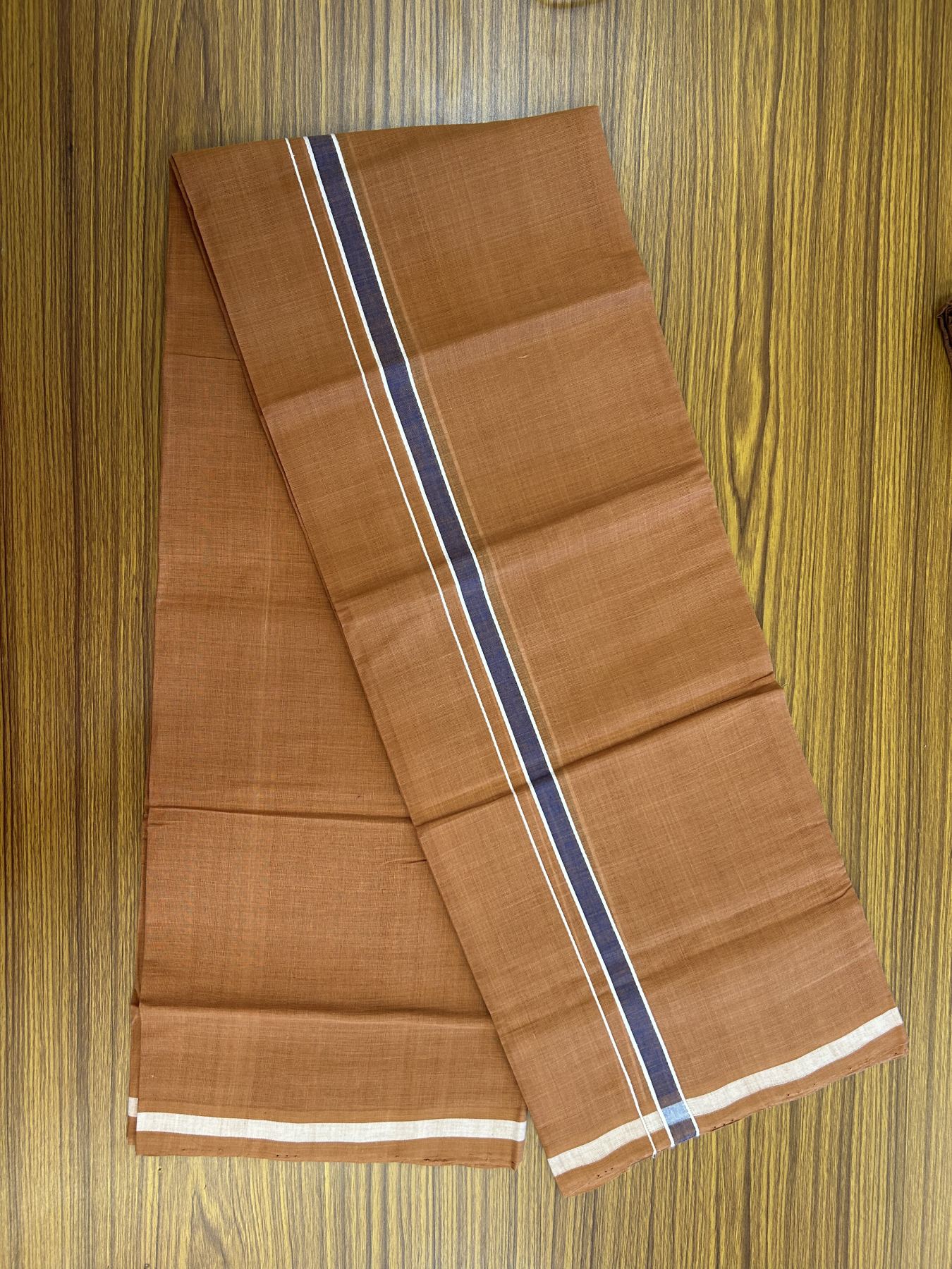 Kerala Handloom Single Hallmarked - 10% Discount !! KaithariKada 100% Pure Cotton - Mundu/Dhoti 2 cm Blue & White Shaded Kara with Kavi colour Body - (2 meter / 4 muzham) - 19 KK8048 ELA