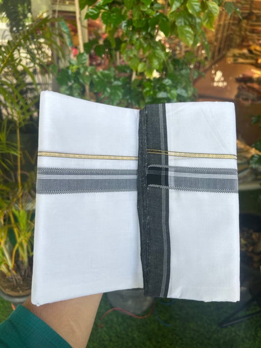 25% Discount! NEW ULTRA PURE WHITE HANDLOOM Balaramapuram - 100% Mercerised Cotton Double Mundu/Dhoti - 120(Twisted) x 80 - 1 inch Pure Kasavu Black shaded muthukuri & White stripes Kara 3.80 meter (8.5 Muzham) - 39KK5167REA
