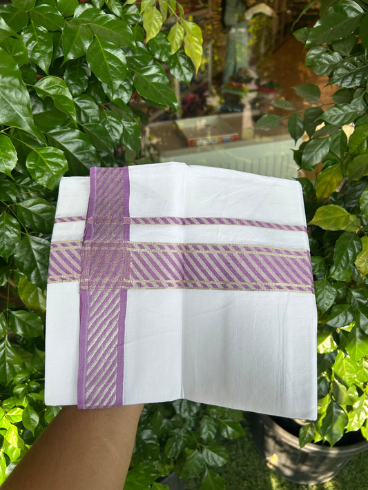 20% Discount ! KaithariKada Balaramapuram 100% Pure Cotton Single Pure White Mundu/Dhoti - 100x80 - 1.75 inch Silver Kasav & Rose Pink Jacquard Design kara 1.90 mtr (4 Muzham) - 2 KK5365 CJT