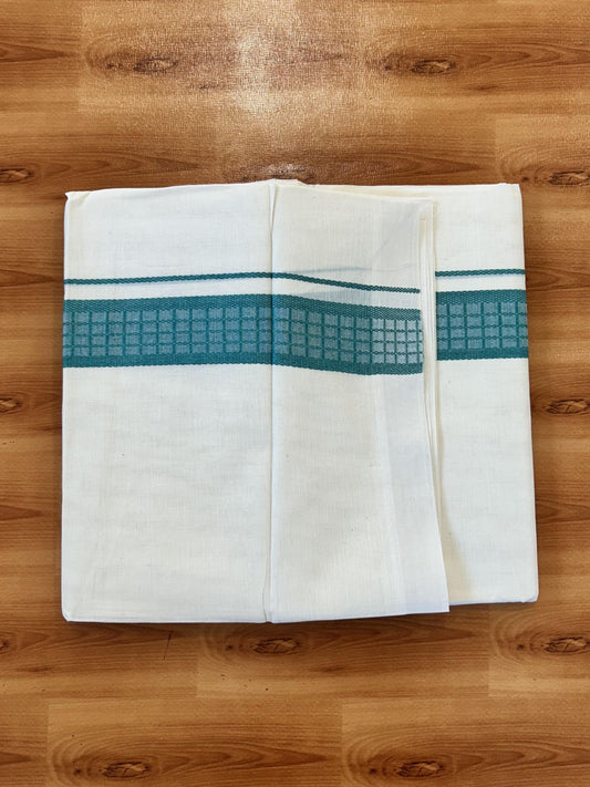 Double Off White (Unbleached) Mundu/Dhoti- 20% Discount! KaithariKada 100%  Cotton - 100X80 - 1.5 inch Caribbean Turquoise Shaded Check Designer Kara - 4 mtr (8.5 Muzham) - 4 KK5451 THI