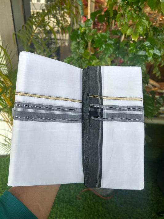 25% Discount! NEW ULTRA PURE WHITE HANDLOOM Balaramapuram - 100% Mercerised Cotton Double Mundu/Dhoti - 120(Twisted) x 80 - 3 cm Pure Kasavu Black shaded muthukuri & White stripes Kara 3.80 meter (8.5 Muzham) - 40KK5167REA