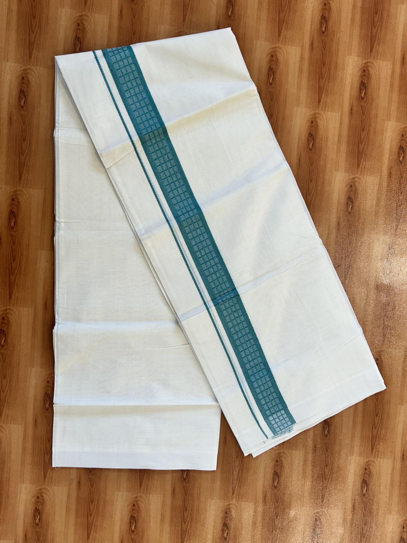 Double Off White (Unbleached) Mundu/Dhoti- 20% Discount! KaithariKada 100%  Cotton - 100X80 - 1.5 inch Caribbean Turquoise Shaded Check Designer Kara - 4 mtr (8.5 Muzham) - 4 KK5451 THI