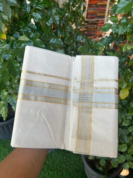 25% DISCOUNT!! KaithariKada Handloom Millpaav Balaramapuram - 100% Pure Cotton OFF White (Unbleached) Double Mundu/Dothi - 80x90 - 2 inch Silver & Gold Kasav striped Kara 4 Meters (8.5 Muzham) - 5 KK5264 RAM