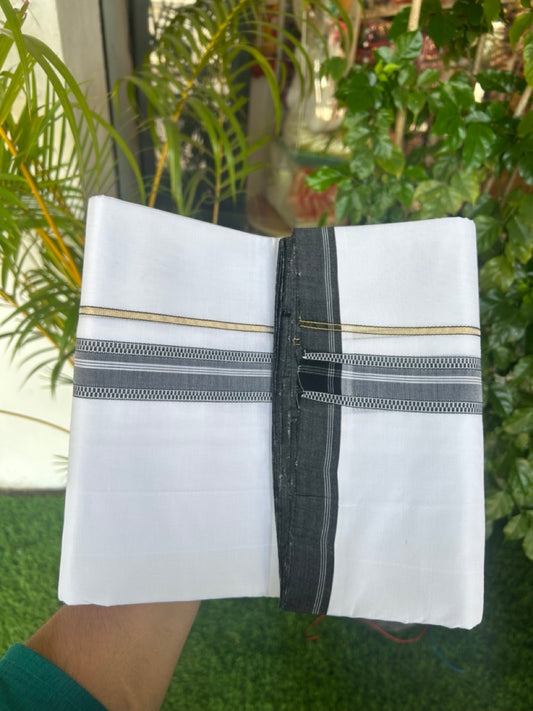 25% Discount! NEW ULTRA PURE WHITE HANDLOOM Balaramapuram - 100% Mercerised Cotton Double Mundu/Dhoti - 120(Twisted) x 80 - 1.25 inch Pure Kasavu Black shaded muthukuri & White stripes Kara 3.80 meter (8.5 Muzham) - 41KK5167REA