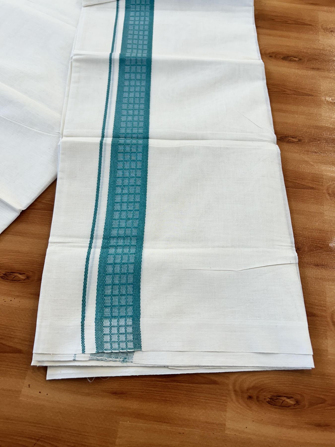 Double Off White (Unbleached) Mundu/Dhoti- 20% Discount! KaithariKada 100%  Cotton - 100X80 - 1.5 inch Caribbean Turquoise Shaded Check Designer Kara - 4 mtr (8.5 Muzham) - 4 KK5451 THI