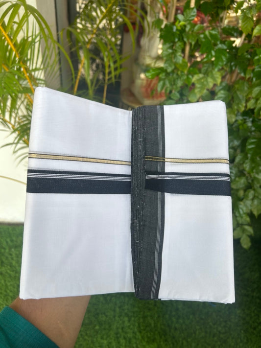 25% Discount! NEW ULTRA PURE WHITE HANDLOOM Balaramapuram - 100% Mercerised Cotton Double Mundu/Dhoti - 120(Twisted) x 80 - 1 inch Pure Kasavu Black & White stripes Kara 3.80 meter (8.5 Muzham) - 43KK5167REA
