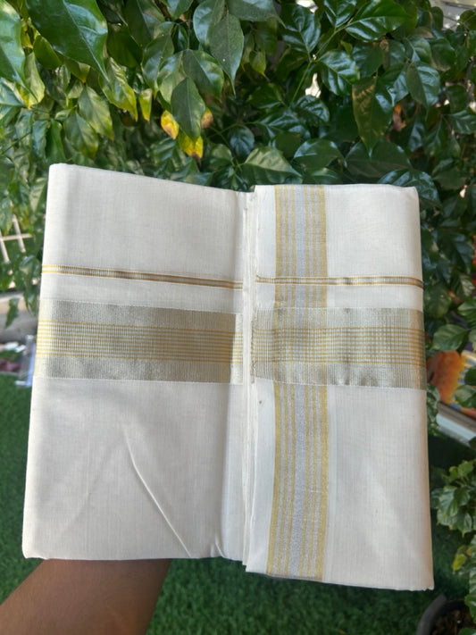 25% DISCOUNT!! KaithariKada Handloom Millpaav Balaramapuram - 100% Pure Cotton OFF White (Unbleached) Double Mundu/Dothi - 80x90 - 2 inch Silver & Gold Kasav striped Kara 4 Meters (8.5 Muzham) - 7 KK5264 RAM