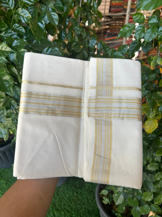 25% DISCOUNT!! KaithariKada Handloom Millpaav Balaramapuram - 100% Pure Cotton OFF White (Unbleached) Double Mundu/Dothi - 80x90 - 2 inch Silver & Gold Kasav striped Kara 4 Meters (8.5 Muzham) - 6 KK5264 RAM