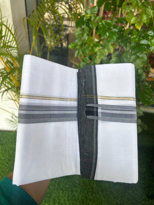 25% Discount! NEW ULTRA PURE WHITE HANDLOOM Balaramapuram - 100% Mercerised Cotton Double Mundu/Dhoti - 120(Twisted) x 80 - 1.25 inch Pure Kasavu Black shaded & White stripes Kara 3.80 meter (8.5 Muzham) - 42KK5167REA
