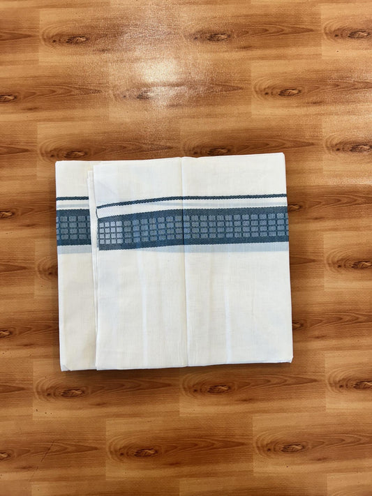 Double Off White (Unbleached) Mundu/Dhoti- 20% Discount! KaithariKada 100%  Cotton - 100X80 - 1.5 inch Teal Blue Shaded Check Designer Kara - 4 mtr (8.5 Muzham) - 5 KK5451 THI