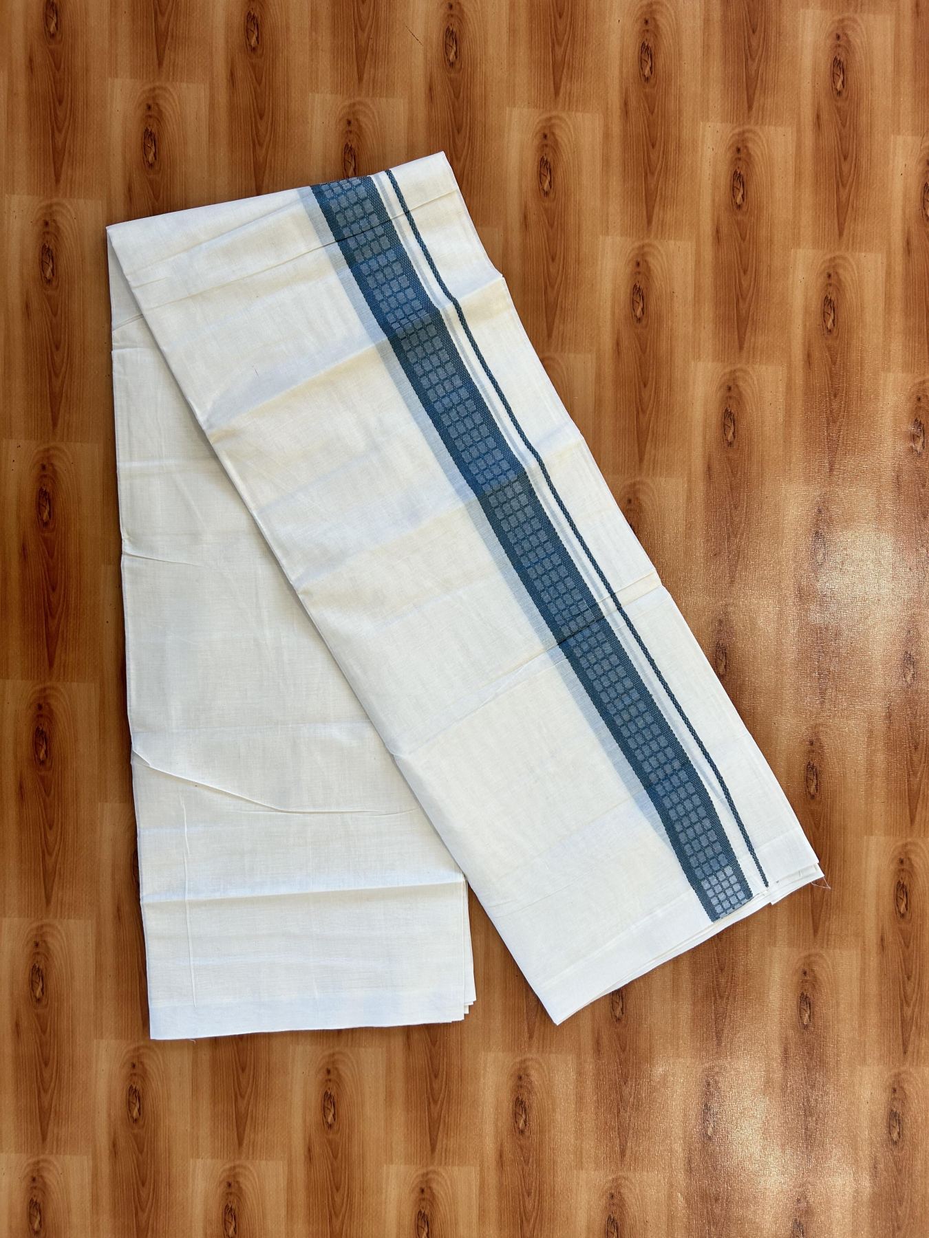 Double Off White (Unbleached) Mundu/Dhoti- 20% Discount! KaithariKada 100%  Cotton - 100X80 - 1.5 inch Teal Blue Shaded Check Designer Kara - 4 mtr (8.5 Muzham) - 5 KK5451 THI